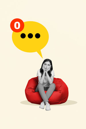 Picture image artwork sketch collage of cute pretty upset girl sitting pouf bean bag dream...