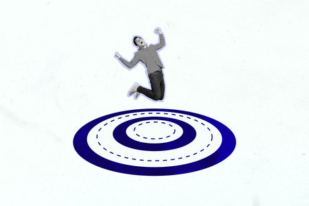 Design picture collage artwork template of funny winner achieve business growth goal aim target jump dartboard isolated on grey backgroundの写真素材