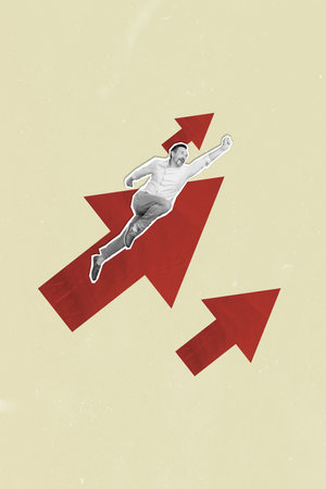 Vertical collage illustration of funny mature businessman flying fist upwards victory success career isolated on beige color backgroundの写真素材