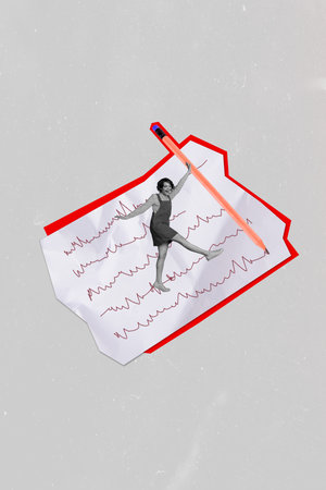 Composite collage photo of funny girl hold huge sharp pencil writing sheet document paperwork novelist isolated on grey backgroundの写真素材