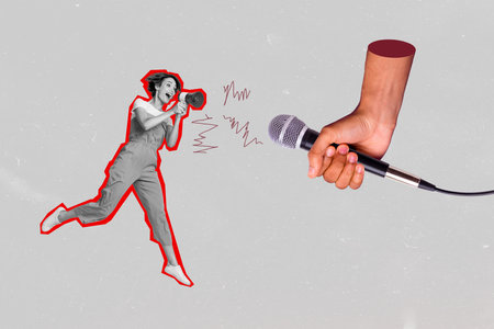 Collage metaphor of woman screaming proclaim bullhorn huge microphone speaking information loud voice isolated on grey color backgroundの写真素材