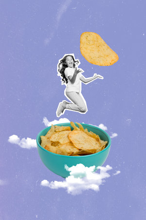 Collage of young funny positive girl jump careless bowl tasty unhealthy crisps chips crunches entertainment isolated on sky backgroundの写真素材