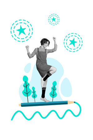 Vertical poster 3d collage image of cheerful happy girl celebrate rejoice success good positive feedback isolated on painted backgroundの写真素材