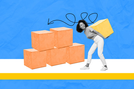 Collage picture of young woman carry holding carton package parcel courier delivery put boxes shipment isolated on blue color backgroundの写真素材