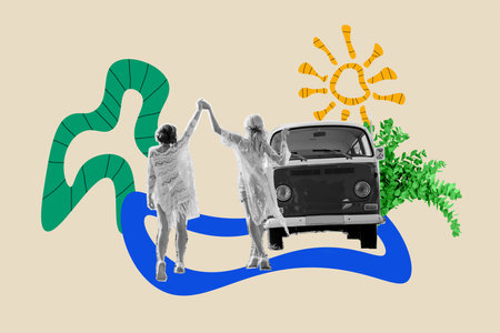 Photo banner collage of two girls spend vacation together summertime sunny weather trip van automobile isolated on beige backgroundの写真素材