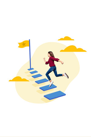 Vertical collage illustration of running diligent schoolgirl ambition motivation triumph flag star...