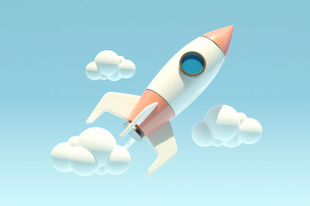 Composite 3d artwork collage image of flying rocket spaceship clouds sky isolated on creative blue color backgroundの写真素材