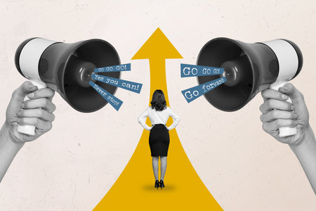 Creative collage picture of black white colors arms hold loudspeaker toa support motivate mini girl go forward yes you can never stopの写真素材