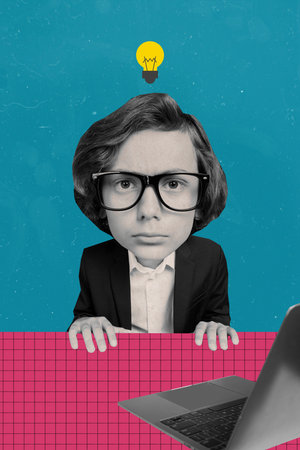 Artwork creative collage picture of funky schoolboy huge head decide guess mind idea eureka lamp...