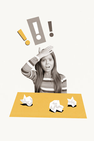 Vertical artwork collage of upset small school girl got F mark grade for final examination test bad...