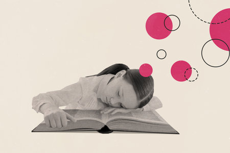 Collage magazine picture sketch of tired girl sleeping book page boring materials exam preparation isolated white color drawing backgroundの写真素材