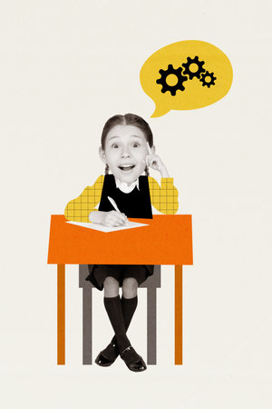 Poster collage picture sketch of crazy funky happy small girl rejoice great decision, brilliant idea isolated on painted retro backgroundの写真素材