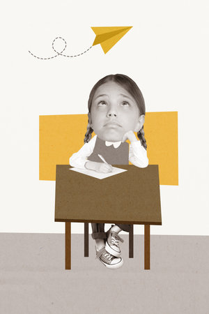 Vertical creative collage of funny little school girl bored school first september lesson sit table desk writing distracted flying paper planeの写真素材