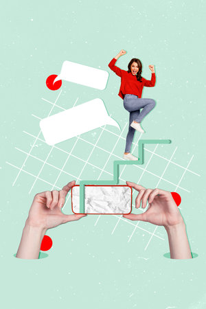 Poster picture collage image of funky crazy happy girl going upstairs celebrate win online shop...