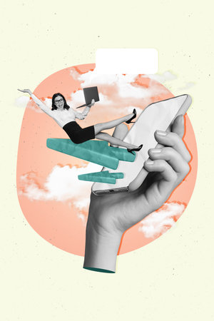 Poster picture collage image of happy girl office worker on phone display speak talk rejoice success progress isolated painting backgroundの写真素材