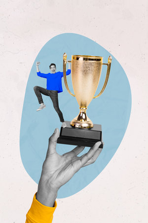 Vertical creative composite photo collage of satisfied ecstatic man win cup take first place in competition isolated on drawing backgroundの写真素材