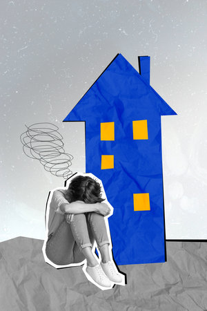 Vertical collage picture of unsatisfied black white colors girl cry depression anxiety home building isolated on paper grey backgroundの写真素材