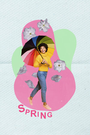 Vertical collage image of positive excited girl hold umbrella walking flying flower petals isolated on paper spring backgroundの写真素材