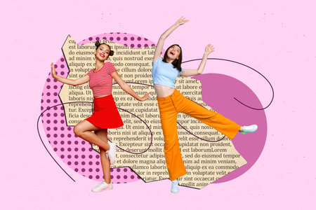 Photo collage picture two funny youngster girls dancing overjoyed over paper text creative colorful doodle backgroundの写真素材