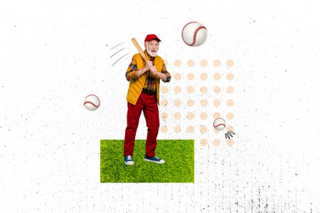 Artwork collage photo of retired man wear uniform hold bat professional coach play baseball outdoors sport isolated on white backgroundの写真素材