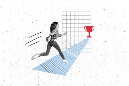 Photo collage of progressive woman running fast speed achievement goal championship cup leader competition isolated on grey backgroundの写真素材
