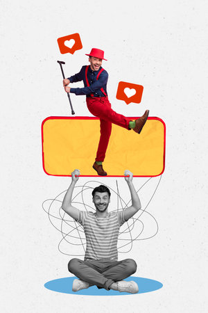 Vertical collage picture of black white colors guy arms hold huge smart phone display elegant vintage dancer isolated on painted backgroundの写真素材