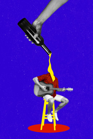 Collage artwork of headless musician guitarist man sitting armchair player acoustic alcoholic bottle wine isolated on purple backgroundの写真素材