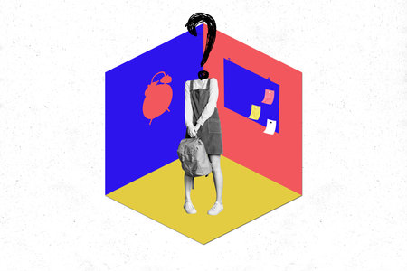 Poster magazine sketch collage of weird unusual person hold bag stand inside room dont know answer...