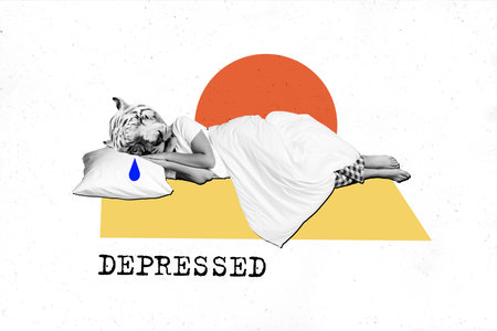 Picture artwork image sketch collage of unknown unusual personage lying bed crying suffer bully apathy mental health syndromeの写真素材