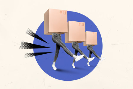 Picture image sketch black white of collage unknown unusual people faceless couriers carrying boxes isolated on white color backgroundの写真素材