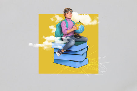 Artwork collage of mini happy funny boy sit big pile stack book hold planer earth globe flying clouds sky isolated on creative backgroundの写真素材