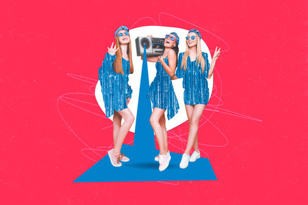 Creative composite photo collage of attractive beautiful girls have fun at party hold boombox listen music isolated colorful backgroundの写真素材
