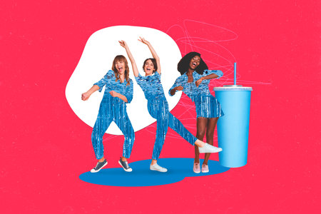 Three chics collage wearing festive clothes shiny blue skirt suits drink lemonade dancing nightclub party isolated on pink backgroundの写真素材