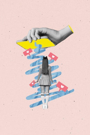 3d abstract creative artwork template collage of sexy lady communicating device isolated pink color backgroundの写真素材