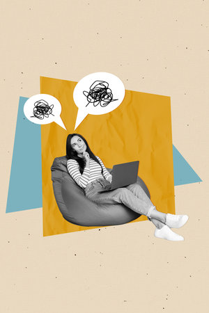 Vertical collage image of thoughtful lady touch chin minded hmm ideas brainstorming sit pouf netbook user isolated on beige backgroundの写真素材
