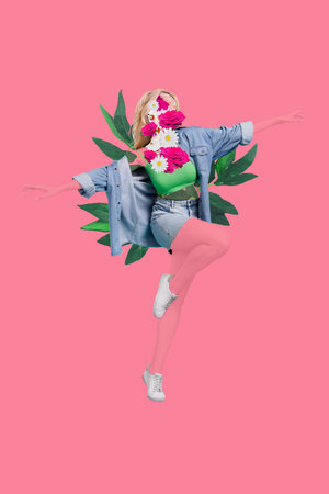 Vertical template creative photo collage of bodyless woman dressed jeans clothes flying hands wings isolated on pink color backgroundの写真素材