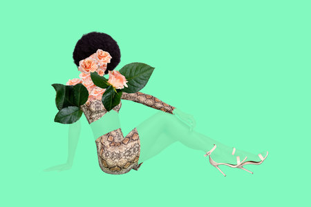 Vertical creative photo collage of invisible woman sit wear sneak skin clothes roses instead on head isolated on green color backgroundの写真素材