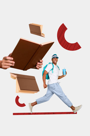 3d retro abstract creative artwork template collage of funky funny guy walking listening book story isolated painting backgroundの写真素材