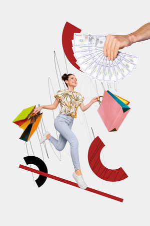Vertical abstract creative photo collage of positive beautiful girl hold bags run on shopping spend money isolated painted backgroundの写真素材
