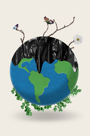 Magazine creative template collage of earth have ecological catastrophe cover with waster plastic bag saving nature conceptの写真素材
