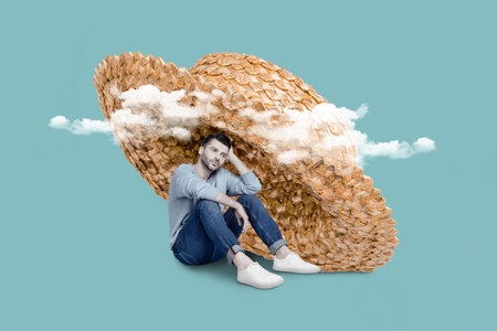 Magazine template collage of negative young guy tired from work hide protect behind big sunhat summer holiday dreamingの写真素材