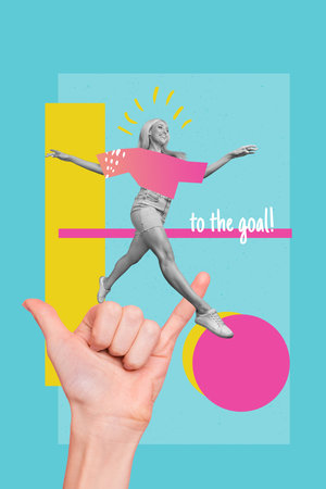 Vertical abstract creative photo collage of positive cheerful beautiful girl jumping running to goal isolated blue color backgroundの写真素材