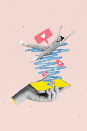 Photo collage artwork of smiling funky lady falling down social media addiction isolated pink color backgroundの写真素材