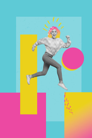 Exclusive magazine picture sketch collage image of excited colorful lady smiling jumping isolated creative backgroundの写真素材