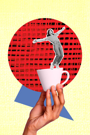 Vertical collage picture of arm fingers hold coffee cup mini black white colors girl balancing isolated on drawing yellow backgroundの写真素材