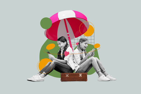 Creative collage of two amazed positive black white effect girls sit retro valise use smart phone chatting sun umbrella isolated on grey backgroundの写真素材