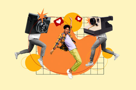 Creative collage picture of mini running people photo camera instead shooting dancing guy like notification isolated on beige backgroundの写真素材