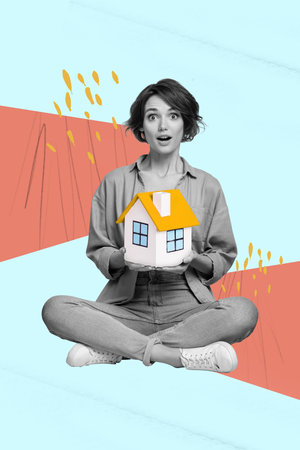 Poster collage banner of amazed girl hold small house moving mortgage conceptの写真素材