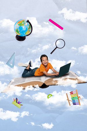 Collage supplies advertisement school tools laptop computer remote studying online geography math...