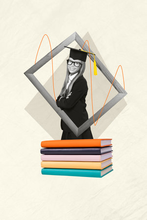 Collage illustration composition of memories young girl elementary school folded hands wear uniform...